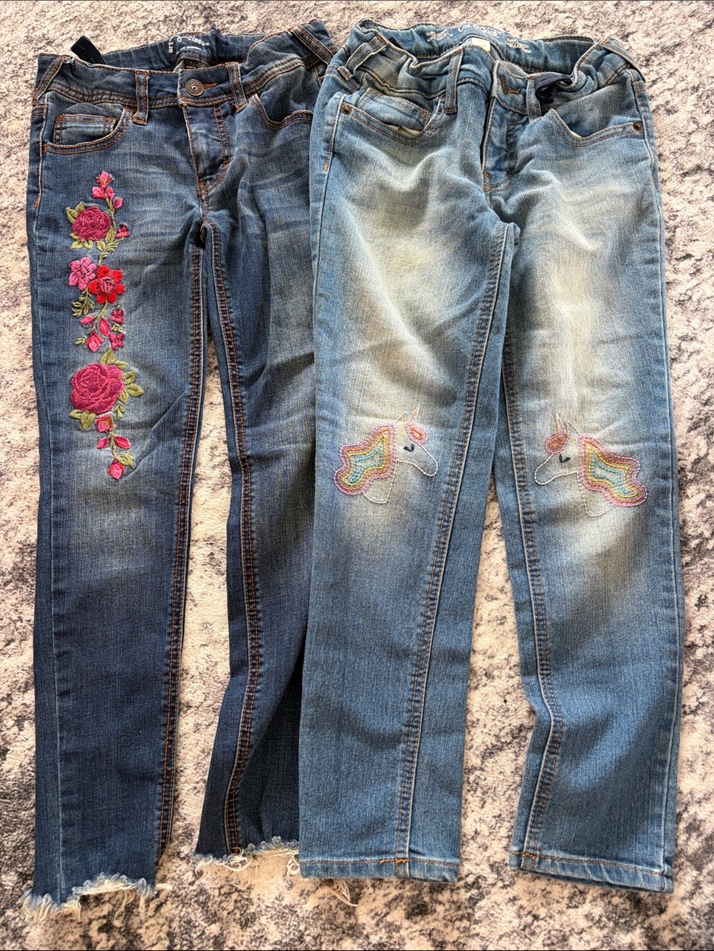 art class Girls Denim Jeans with Pink Floral & Rainbow Embroidery